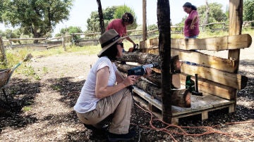 Voluntaria Atresmedia construyendo un comedero para caballos